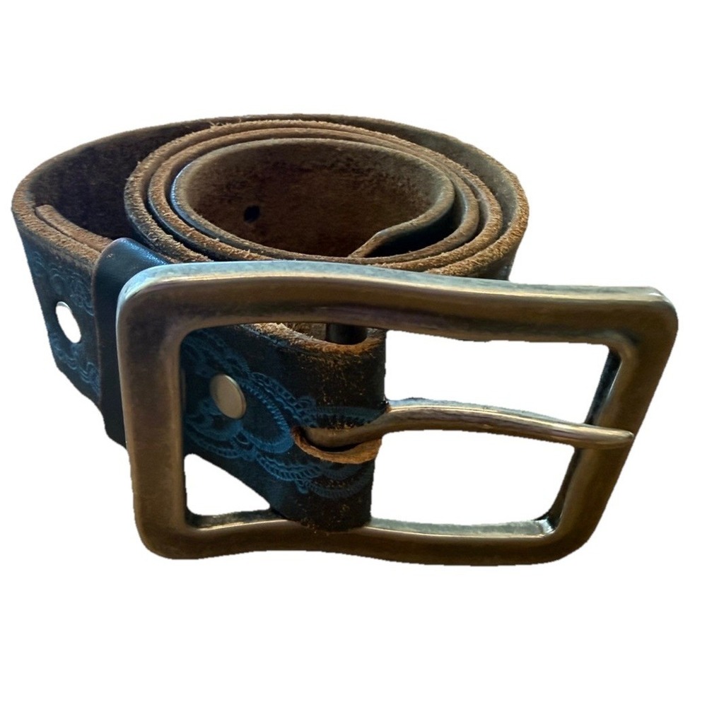 Leather Island Bill Lavin Leather Belt Blue Embossed Western Boho Artisan 39